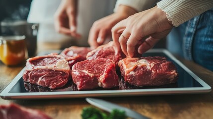 People are adding premium meat cuts to a countertop, preparing for a delicious meal together
