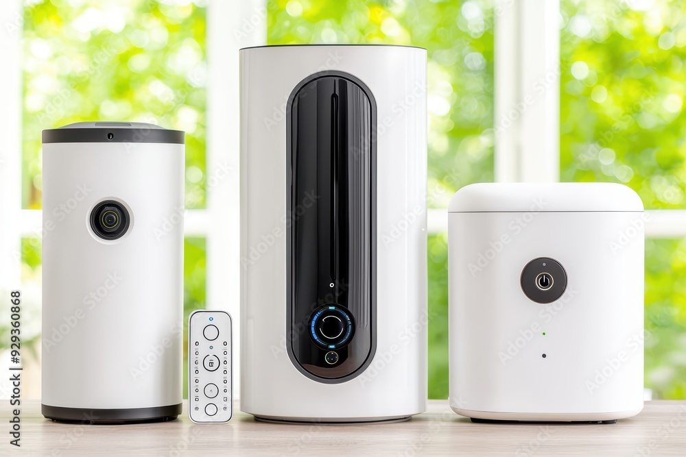 Poster modern smart home devices arranged on a table, showcasing sleek design and advanced technology for h