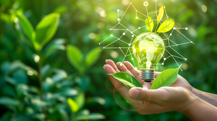 Light bulb held in hands in nature, symbolizing the importance of renewable energy and economical technology in the future, created with generative AI technology