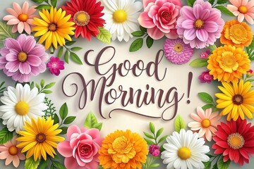 Card of beautiful flowers next card with text: Good Morning. Vintage filtered. For sale, promotion, social media, website, ad