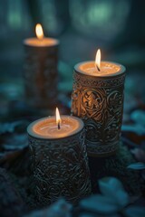 Two lit candles on top of a pile of rocks, providing warm light in a natural setting