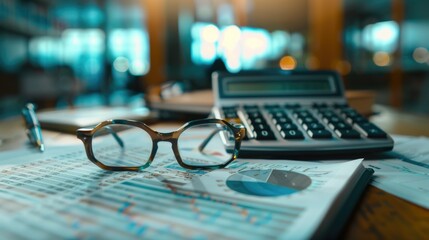 A pair of glasses rests beside a calculator on a table, perfect for an office or study setting