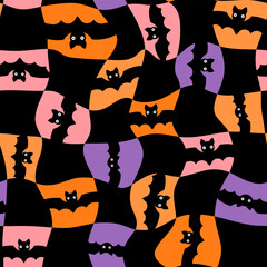 Groovy Halloween Bats Seamless Vector Check Pattern, Distorted Wavy Plaid Background in Orange, Pink, Black and Violet Colors