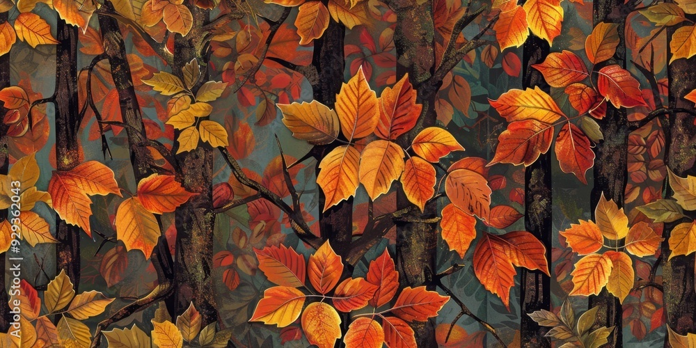 Aufkleber pattern of autumn trees, each leaf with its own unique texture and color, creating an intricate tape