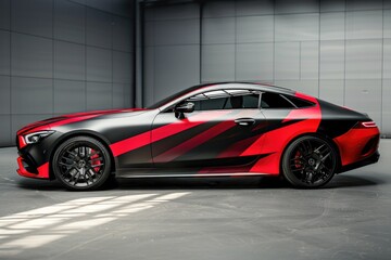 Fototapeta premium A red and black sports car is parked in a modern garage