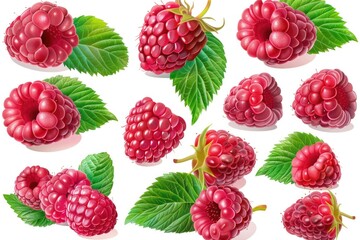 Fresh raspberries with leaves on a clean white surface, perfect for food or nature photography