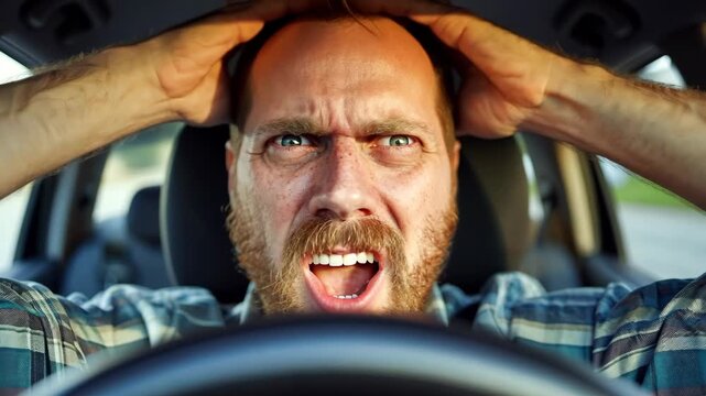 A driver reacts in shock and disbelief as he faces a sudden and dangerous situation while navigating through crowded streets