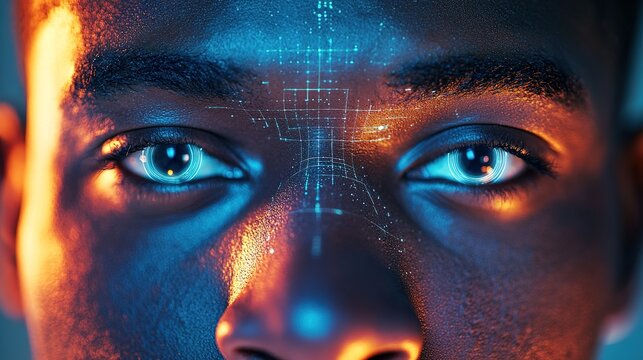 Closeup of a man's eyes with digital hologram overlays, showing a biometric security scan and identity recognition technology