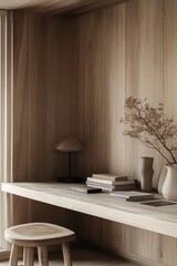 Fototapeta premium Wooden work space, soft colors, remote working