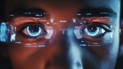 Closeup of a man's eyes with digital hologram overlays, showing a biometric security scan and identity recognition technology