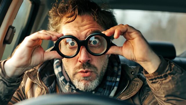 A man in a vehicle shows astonishment, adjusting his glasses, as he encounters something surprising outside