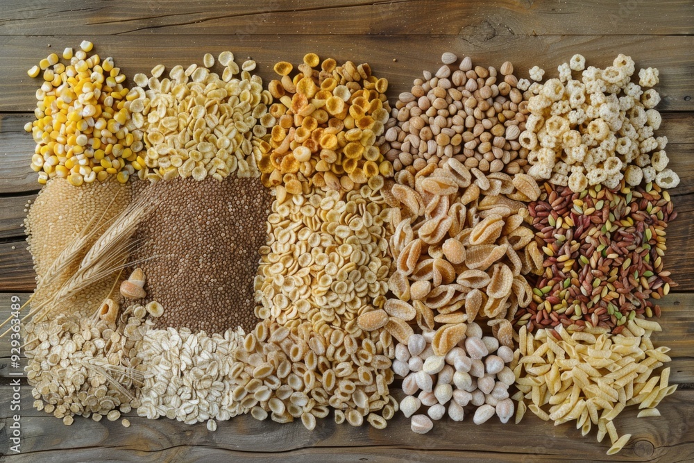 Poster a variety of snacks and dishes arranged on a wooden surface, ideal for use in editorial or commercia