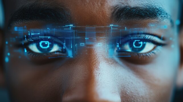 Closeup of a man's eyes with digital hologram overlays, showing a biometric security scan and identity recognition technology