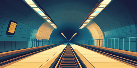 Quiet metro station platform with tracks running beside, leading into a dark tunnel, flat illustration