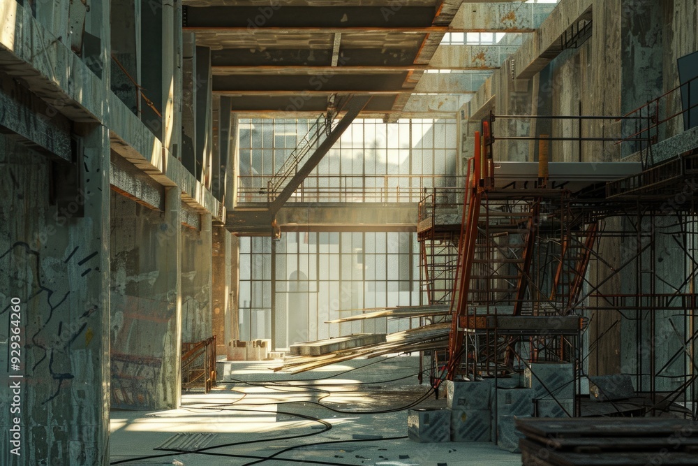 Poster A building with scaffolding and scaffolding on the walls, ideal for architectural or construction projects