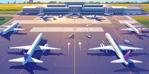 Airfield with aircraft taxiing on runways and taxiways near the terminal, flat illustration