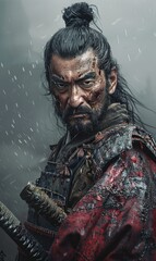 Valiant icon - japanese samurai portrait, highlighting the fierce determination and noble stature, adorned in traditional armor with katana, representing valor and legacy of feudal japan