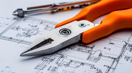 Engineer tools on a house blueprint.