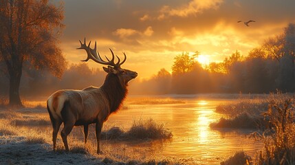 Naklejka premium A majestic elk stands by a serene river at sunrise, surrounded by mist and autumn foliage.