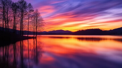 Fototapeta premium A serene sunset over a lake with vibrant colors reflecting on the water.
