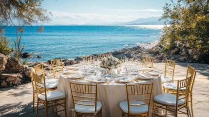 Fototapeta premium Stunning wedding breakfast setup by ocean