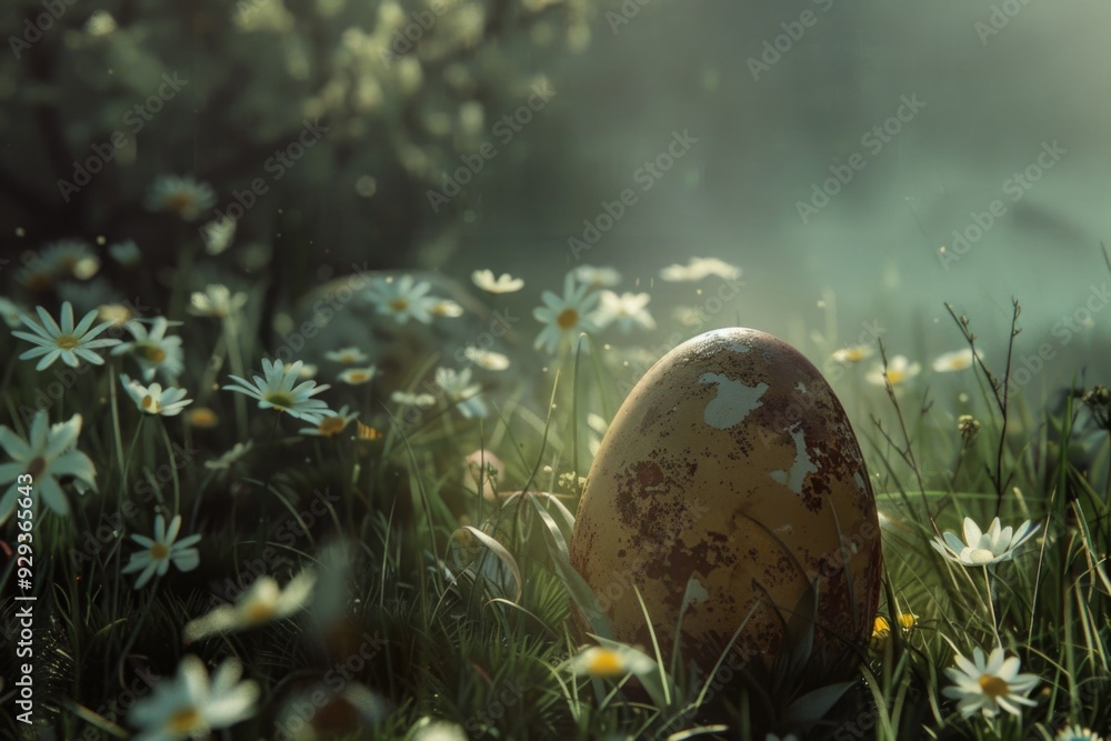 Canvas Prints A single egg sits in a vibrant field of flowers, surrounded by petals and stems