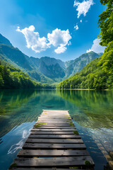 Serene Mountain Lake with Wooden Pier and Lush Green Forest in High Resolution