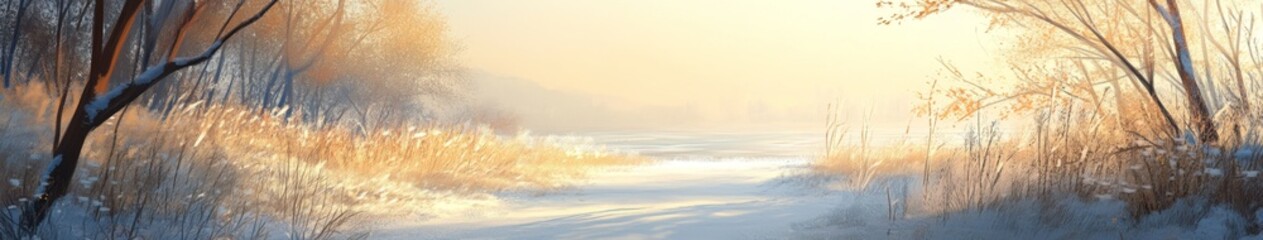 Fototapeta premium Winter's Golden Embrace: anime-style Enchanted Seaside with Snow-Covered Landscapes and the Warmth of Golden Sunlight, Ideal for Cozy Vacation Posters and 4K Wallpapers,Anime-Style,illustration,Pictur