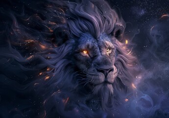 A majestic lion's head emerges from cosmic clouds, symbolizing strength and mystery.