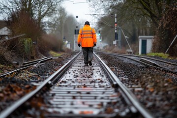A person in an orange jacket is walking along the train tracks