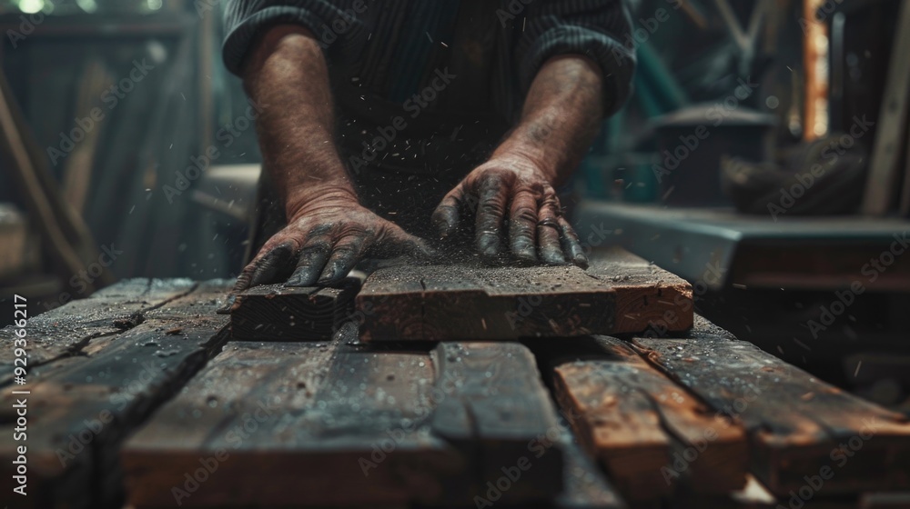 Poster A person working on a wooden object, using various tools and techniques