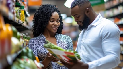 A couple discusses their meal plans while reviewing fresh produce in a grocery store aisle