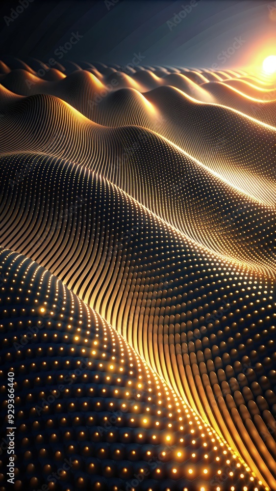 Wall mural Abstract wavy black surface illuminated by golden light dots. Generative AI