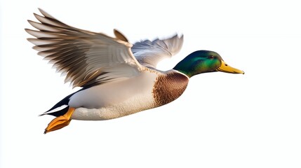 Obraz premium A mallard duck in flight with wings spread wide against a white background.