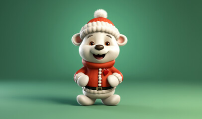 Fototapeta premium 3d illustration of a polar bear with christmas clothes, isolated on green background. 