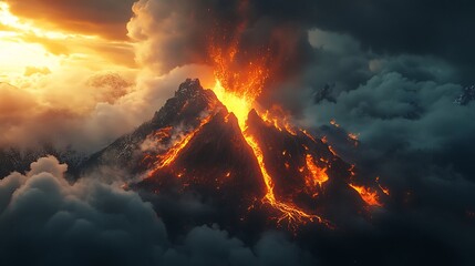 Fototapeta premium Volcano erupts with fiery lava streams against dramatic clouds.