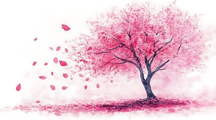 Fototapeta premium Watercolor painting of a pink cherry blossom tree with petals falling from it.