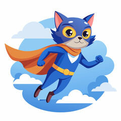 superhero cat with a blue cloak and mask flying, isolated on a white background. That funny animal in an action pose, sky