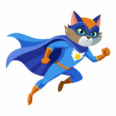 superhero cat with a blue cloak and mask flying, isolated on a white background. That funny animal in an action pose, sky