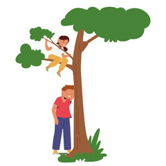 Two Children Playing Hide And Seek Outdoors. One Child Is Seeking By A Tree While The Other Climbs Up To Hide