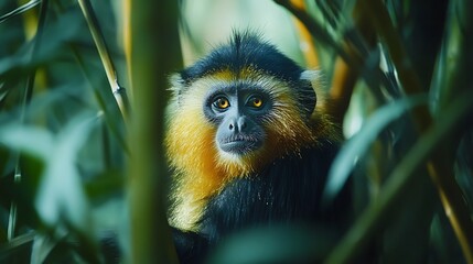 Fototapeta premium A close-up of a black and yellow monkey looking at the camera through a thick of green foliage.