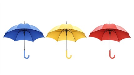 An arrangement of three open umbrellas in blue, yellow, and red, with handles, set on a transparent background, highlighting rain protection accessories