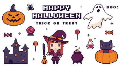 Fototapeta premium Pixel art set of Halloween, featuring pumpkins, ghost and witch.