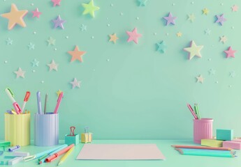 Desk with colorful stationery, stars floating, against a pale aqua background, blank sheet on desk
