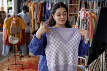 Waist up shot of young smiling Middle Eastern woman trying vintage sweater vest while shopping at...