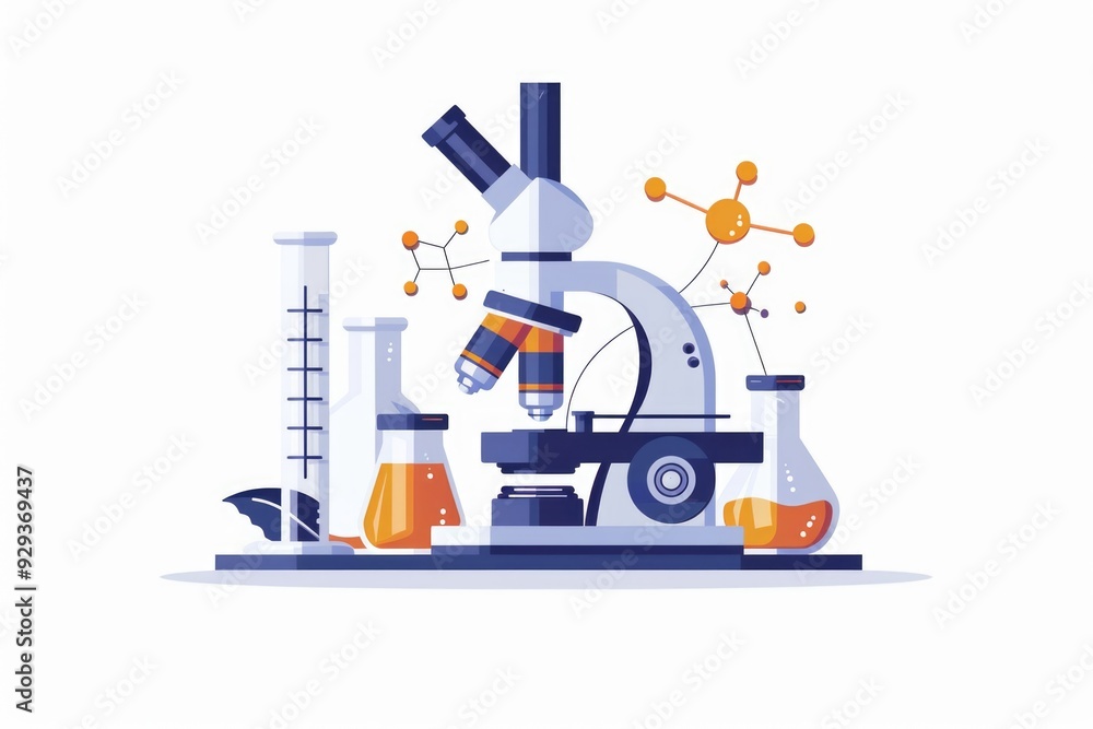 Poster microscope and lab equipment on a table