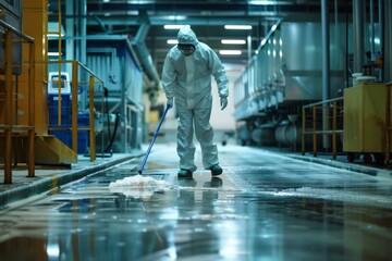 Obraz premium Worker in protective suit mopping industrial facility floor at night. The setting suggests a clean and sterile environment. Image depicts cleanliness efforts in a manufacturing setup. High-quality