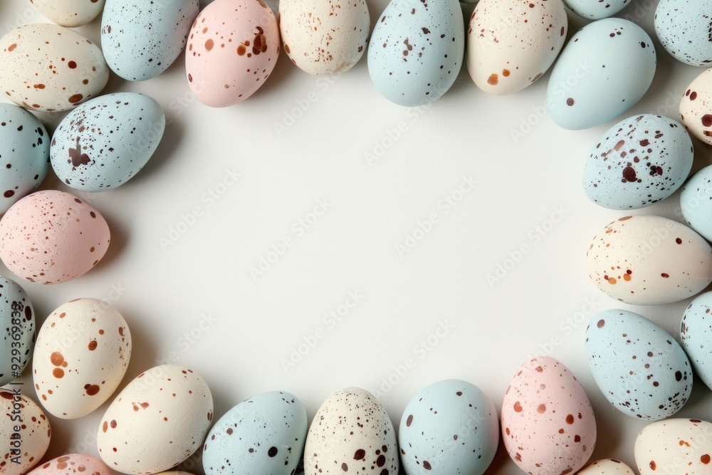 Poster a collection of colorful speckled eggs arranged on a clean white background