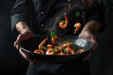 Chef tossing and preparing shrimp in a pan with spices floating in the air. Capturing the essence of culinary creativity. Perfect for cooking and food blogs, advertisements, and menus. Generative AI