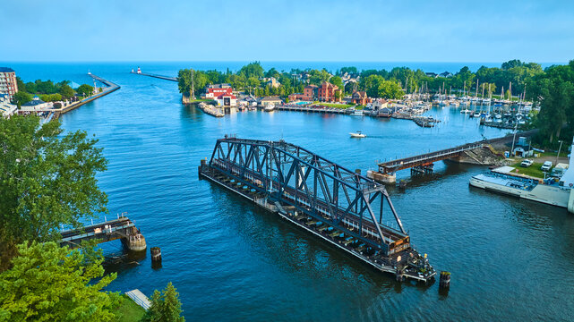 Aerial View of Drawbridge Over St Joseph River with Marina and Lighthouse